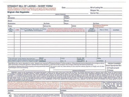 Bill Of Lading - Short Form For Up To Ten Articles, Three-part Carbonless, 8.5 X 6.94, 250 Forms Total Cheap