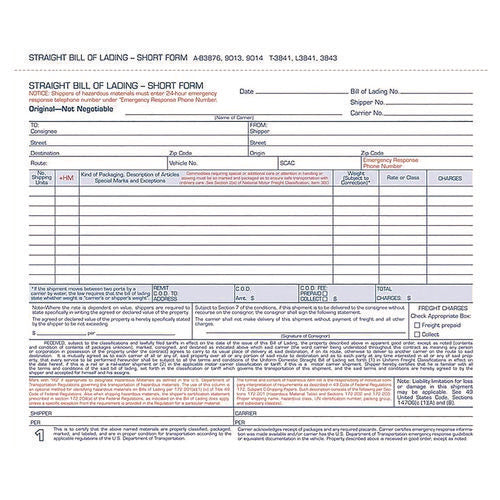 Bill Of Lading - Short Form For Up To Ten Articles, Three-part Carbonless, 8.5 X 6.94, 250 Forms Total Cheap