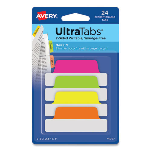 Ultra Tabs Repositionable Tabs, Margin Tabs: 2.5  X 1 , 1 5-cut, Assorted Neon Colors, 24 pack Hot on Sale