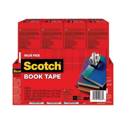 Book Tape Value Pack, 3  Core, (2) 1.5  X 15 Yds, (4) 2  X 15 Yds, (2) 3  X 15 Yds, Clear, 8 pack Sale