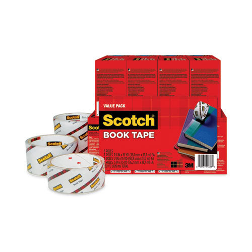 Book Tape Value Pack, 3  Core, (2) 1.5  X 15 Yds, (4) 2  X 15 Yds, (2) 3  X 15 Yds, Clear, 8 pack Sale