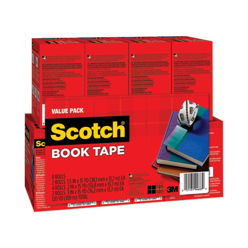 Book Tape Value Pack, 3  Core, (2) 1.5  X 15 Yds, (4) 2  X 15 Yds, (2) 3  X 15 Yds, Clear, 8 pack Sale