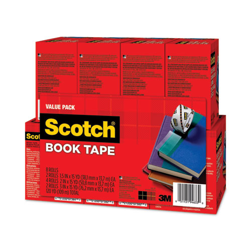 Book Tape Value Pack, 3  Core, (2) 1.5  X 15 Yds, (4) 2  X 15 Yds, (2) 3  X 15 Yds, Clear, 8 pack Sale