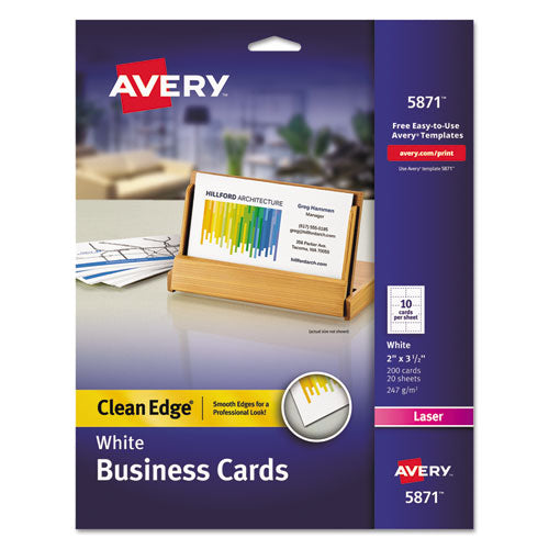 Clean Edge Business Cards, Laser, 2 X 3.5, White, 200 Cards, 10 Cards sheet, 20 Sheets pack Supply