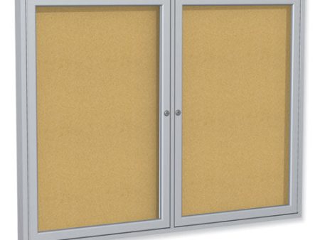 2 Door Enclosed Natural Cork Bulletin Board With Satin Frame, 72  X 36 , Tan Surface, Satin Aluminum Frame Supply