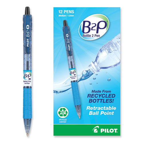 B2p Bottle-2-pen Recycled Ballpoint Pen, Retractable, Medium 1 Mm, Black Ink, Translucent Blue Barrel, Dozen For Sale