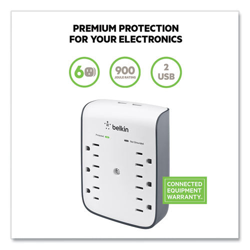 Surgeplus Usb Wall Mount Charger, 6 Ac Outlets 2 Usb Ports, 900 J, White black Discount