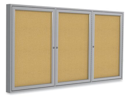 3 Door Enclosed Natural Cork Bulletin Board With Satin Frame, 72  X 48 , Tan Surface, Satin Aluminum Frame Cheap