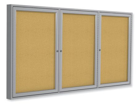 3 Door Enclosed Natural Cork Bulletin Board With Satin Frame, 96  X 48 , Tan Surface, Satin Aluminum Frame on Sale